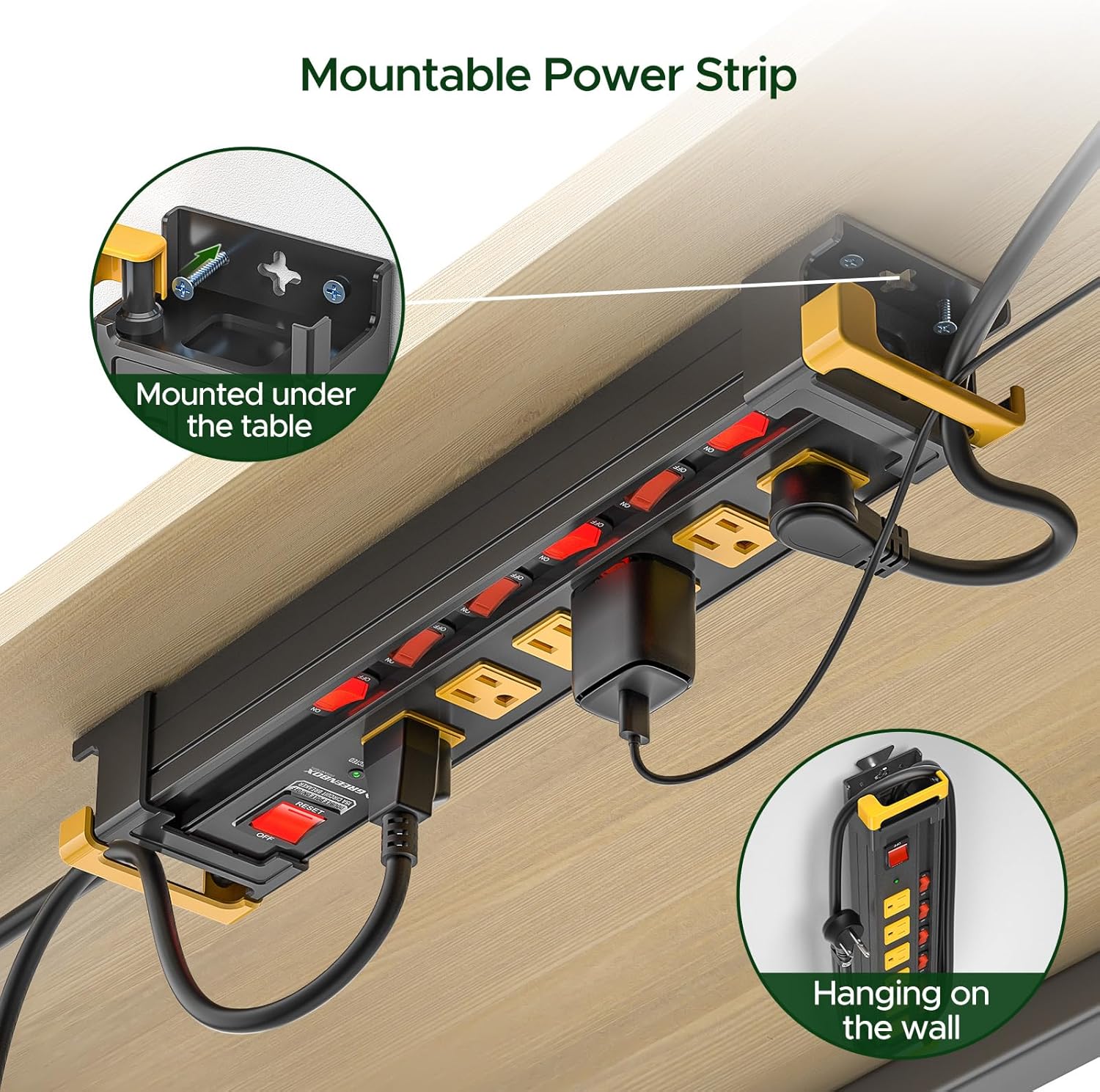 CRST 3300J Mountable Metal Surge Protector Power Strip with Recessed Individual Switches, 6FT Flat Plug Power Cord,  ETL Listed