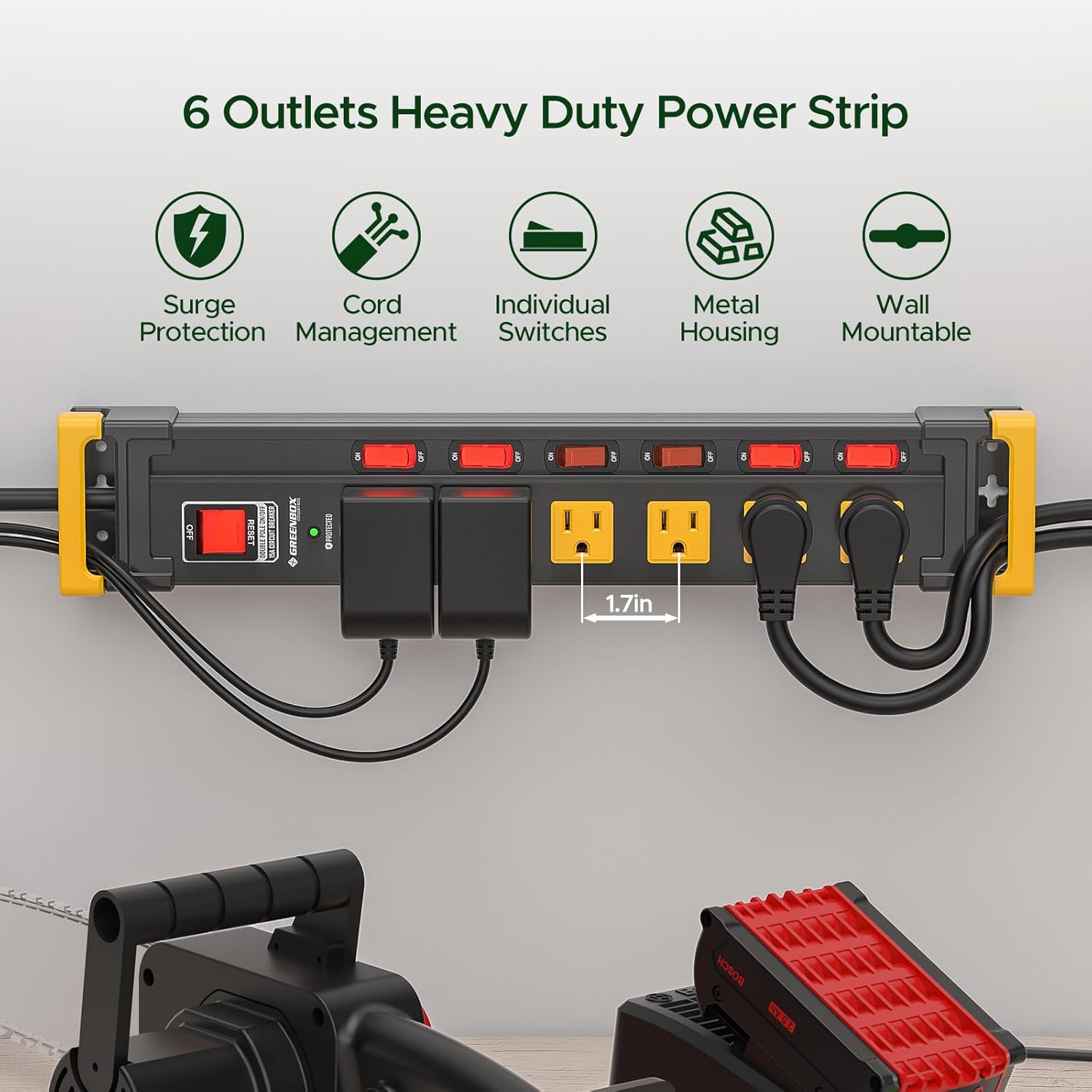 CRST 3300J Mountable Metal Surge Protector Power Strip with Recessed Individual Switches, 6FT Flat Plug Power Cord,  ETL Listed