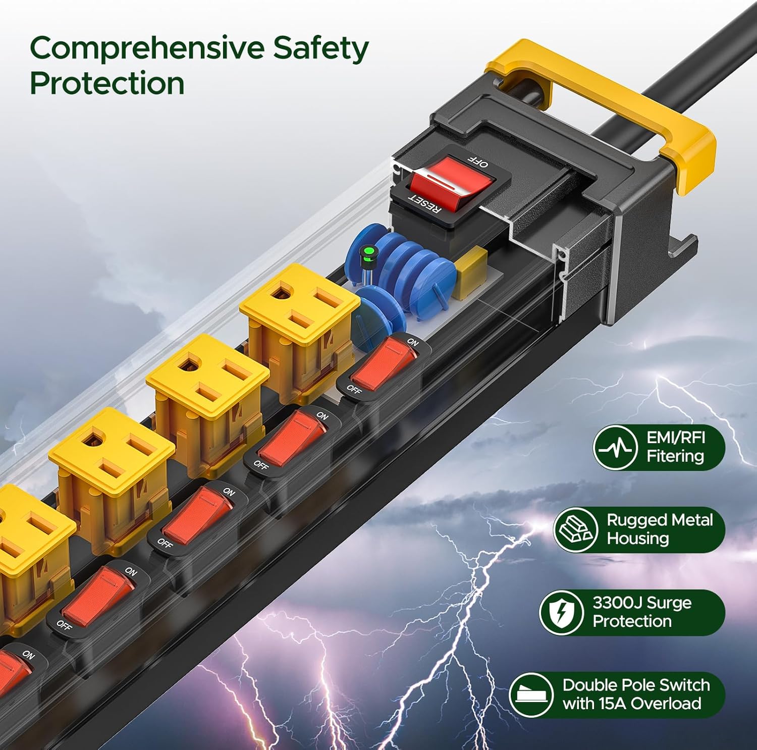 CRST 3300J Mountable Metal Surge Protector Power Strip with Recessed Individual Switches, 6FT Flat Plug Power Cord,  ETL Listed
