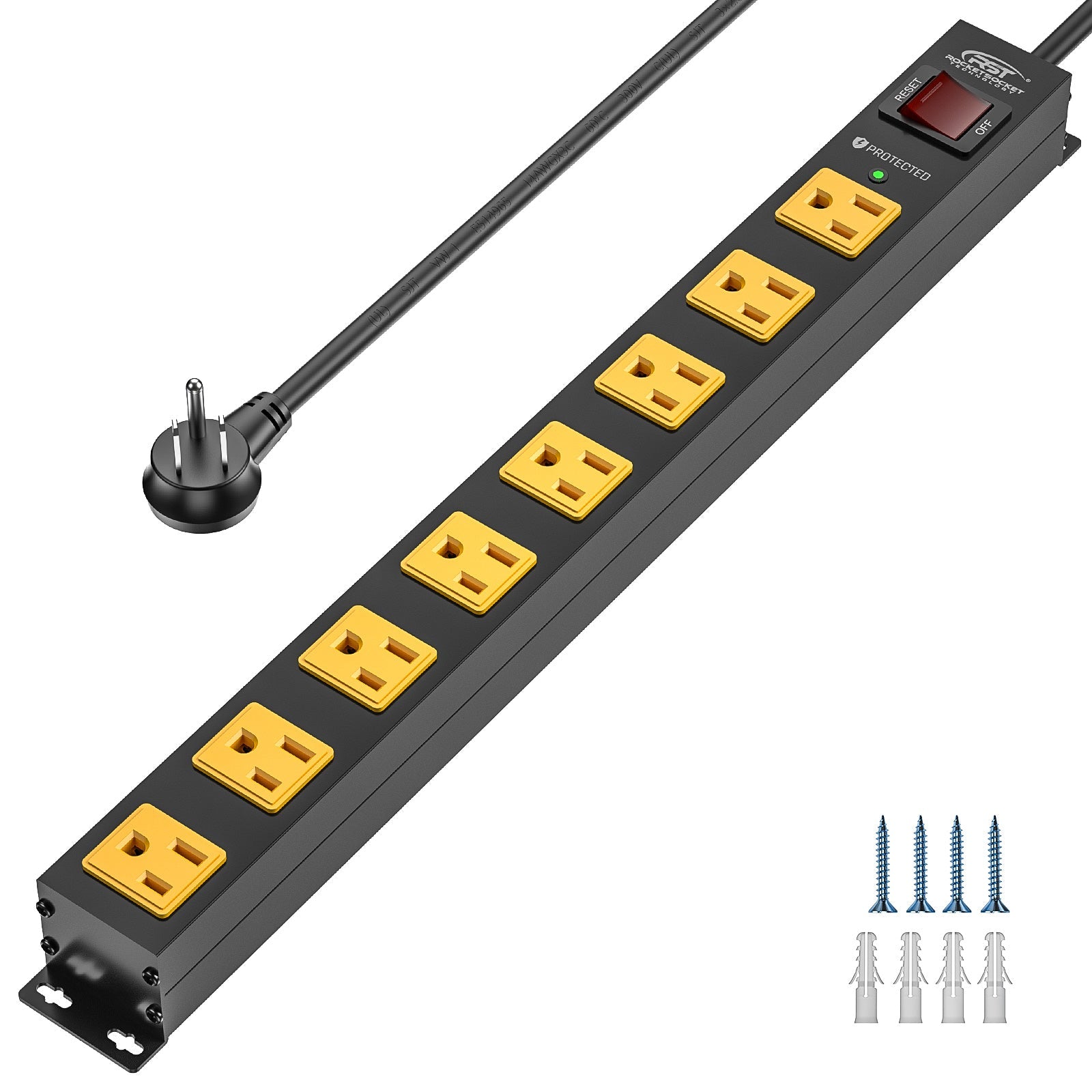CRST 8 Outlets Wide Spaced Mountable Metal Power Strip Surge Protector 6FT Flat Plug with 2100 Joules Protection and 15Amp Circuit Breaker Included