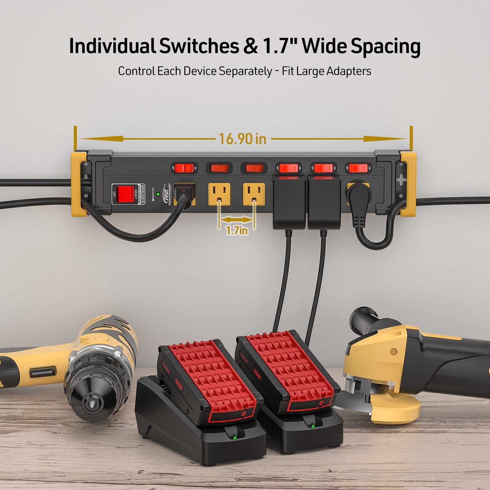 CRST Mountable 6-Outlets Individual Switches Metal Power Strip Surge Protector with Cord Holder 6FT Flat Plug Power Cord  1020J Protection 36 Months Warranty