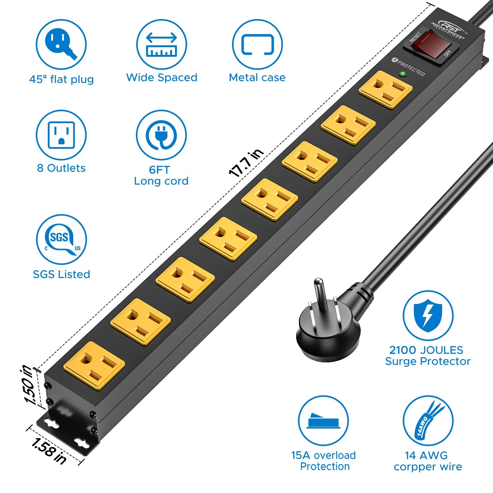CRST 8 Outlets Wide Spaced Mountable Metal Power Strip Surge Protector 6FT Flat Plug with 2100 Joules Protection and 15Amp Circuit Breaker Included