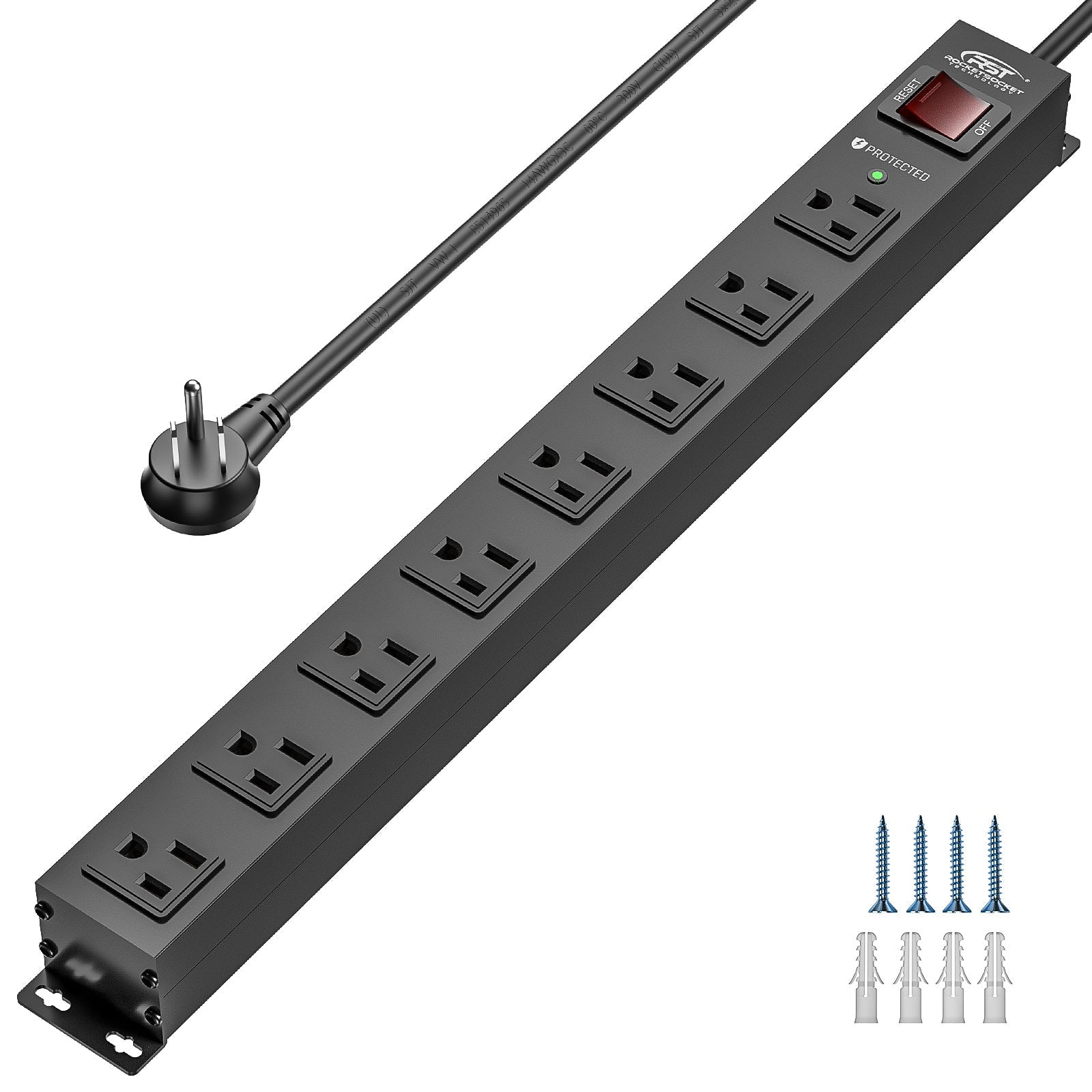 CRST 8 Outlets Wide Spaced Mountable Metal Power Strip Surge Protector 6FT Flat Plug with 2100 Joules Protection and 15Amp Circuit Breaker Included