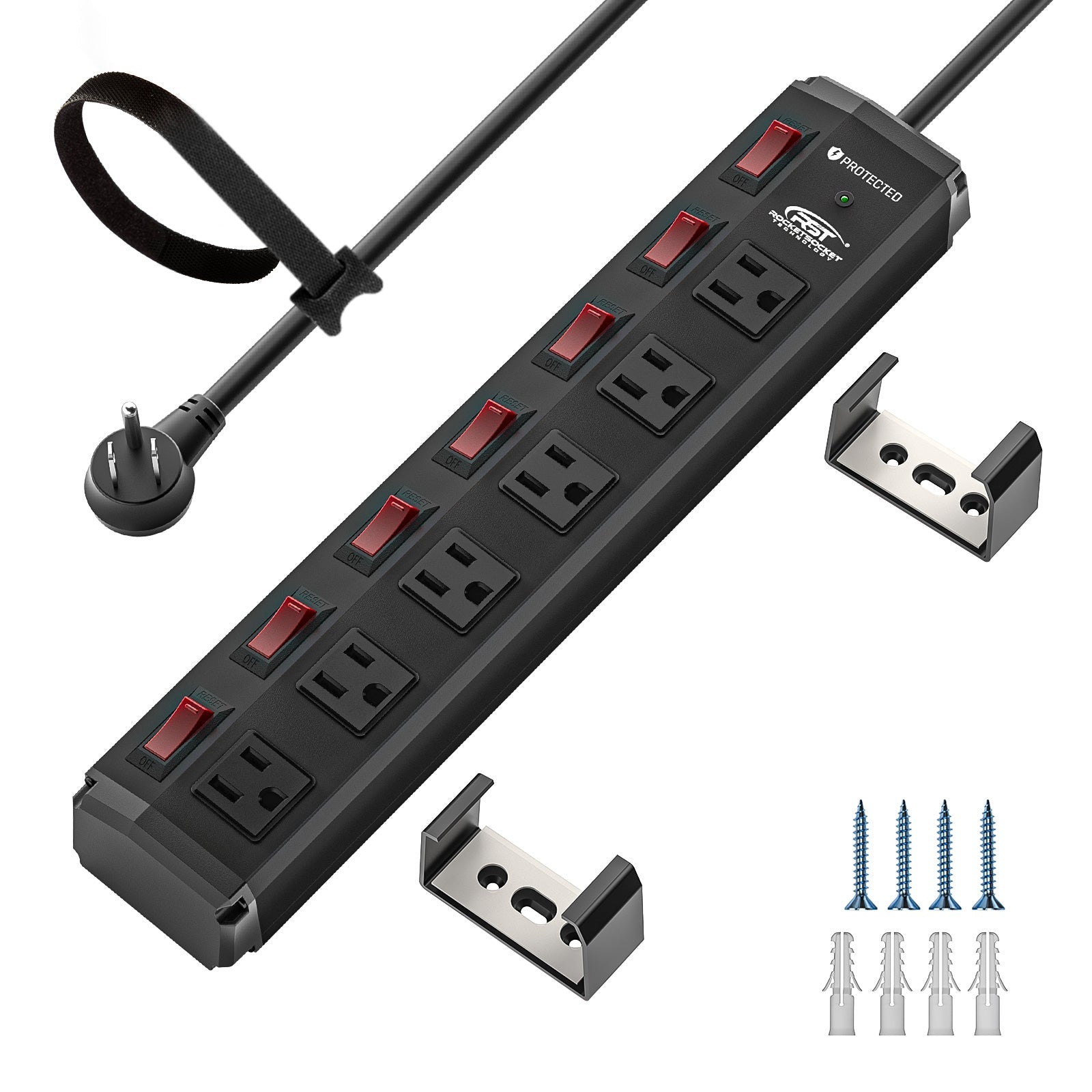 CRST 6 Outlets Individual Switches Mountable Metal Power Strip Surge Protector, 6FT Flat Plug Power Cord