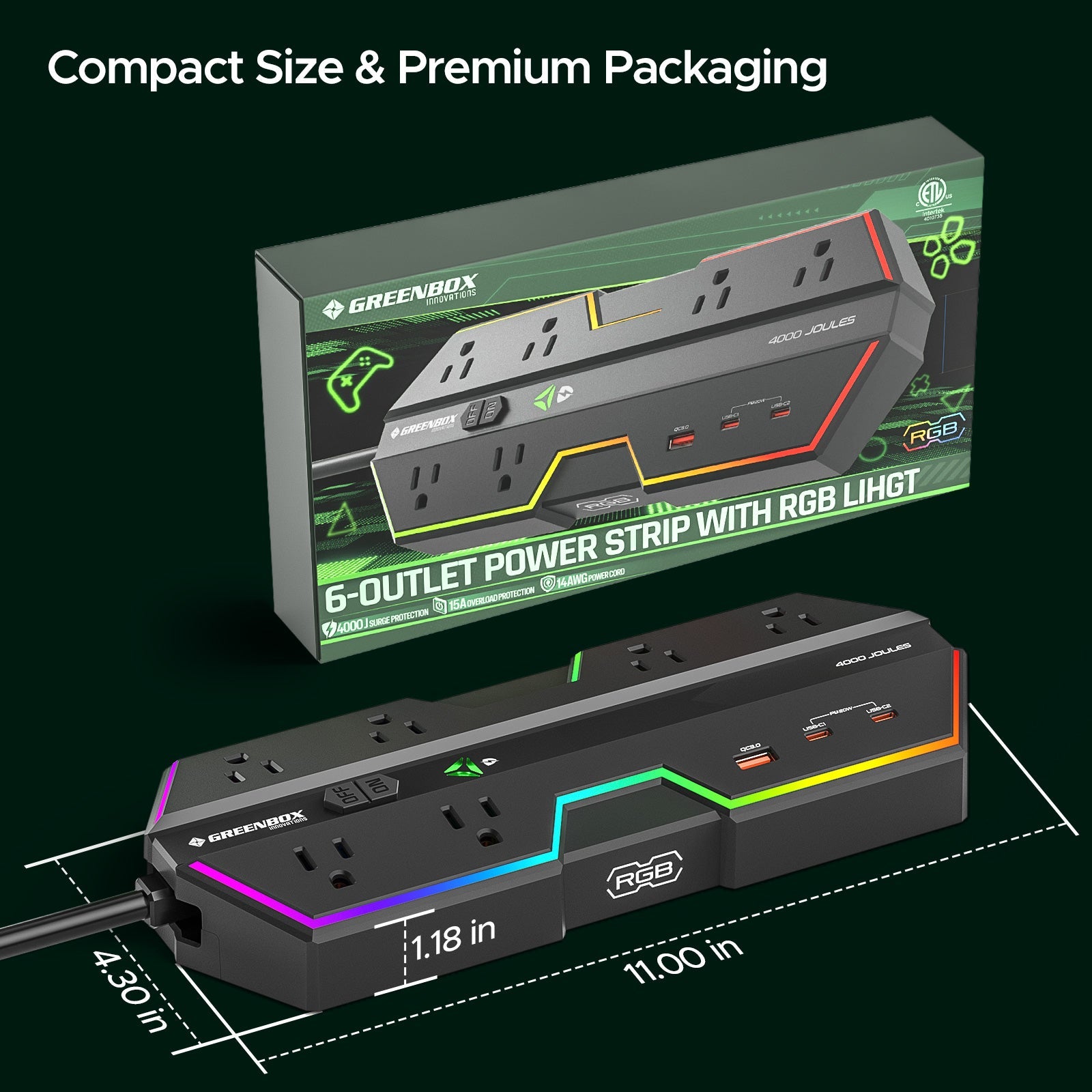 CRST RGB Gaming Power Strip with 6 AC Outlets 1 USB-A & 2 USB-C Ports 4000J Surge Protection 6FT Flat Plug Extension Cord for E-Sports & Gaming PC Ergonomic Design Adjustable RGB Lighting Effect