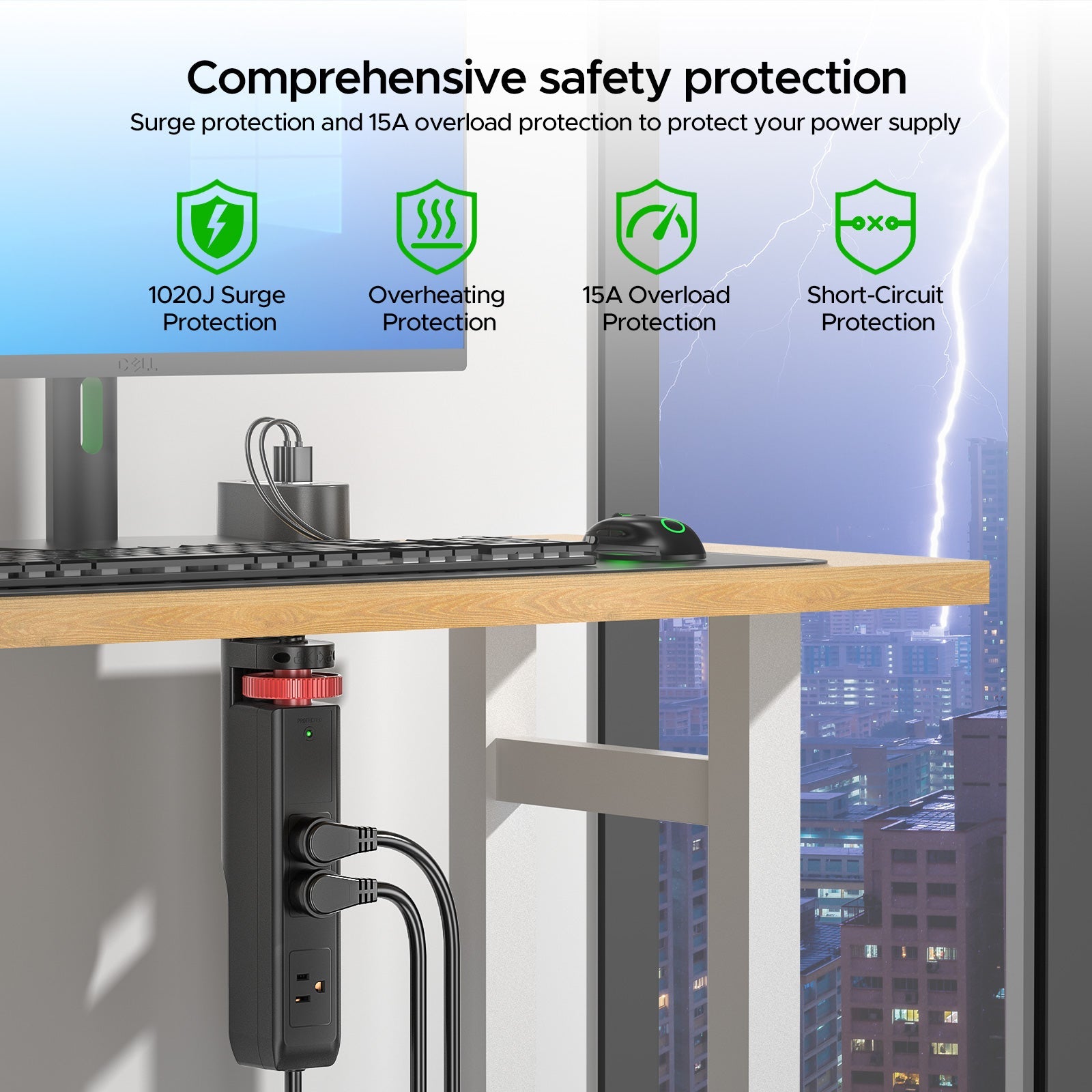 CRST Desk Clamp Surge Protector Power Strip with USB-C Port 6FT Extension Cord Flat Plug 1020J Protection Fits Tables Up to 2 Inches 36 Months Warranty