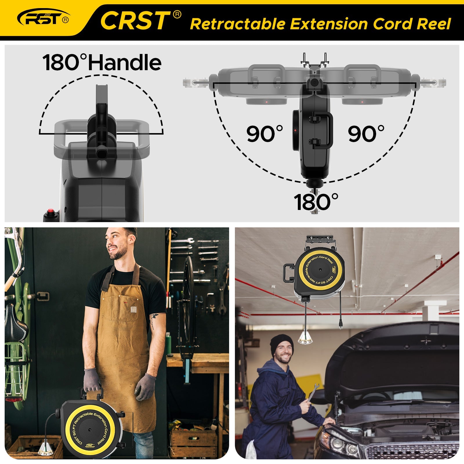 CRST 14AWG 50FT Retractable Extension Cord Reel with Handle 180° Swivel Bracket Automatic Retraction UL Listed 36 Months Warranty