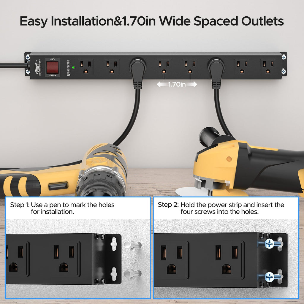 CRST 8 Outlets Wide Spaced Mountable Metal Power Strip Surge Protector 6FT Flat Plug with 2100 Joules Protection and 15Amp Circuit Breaker Included