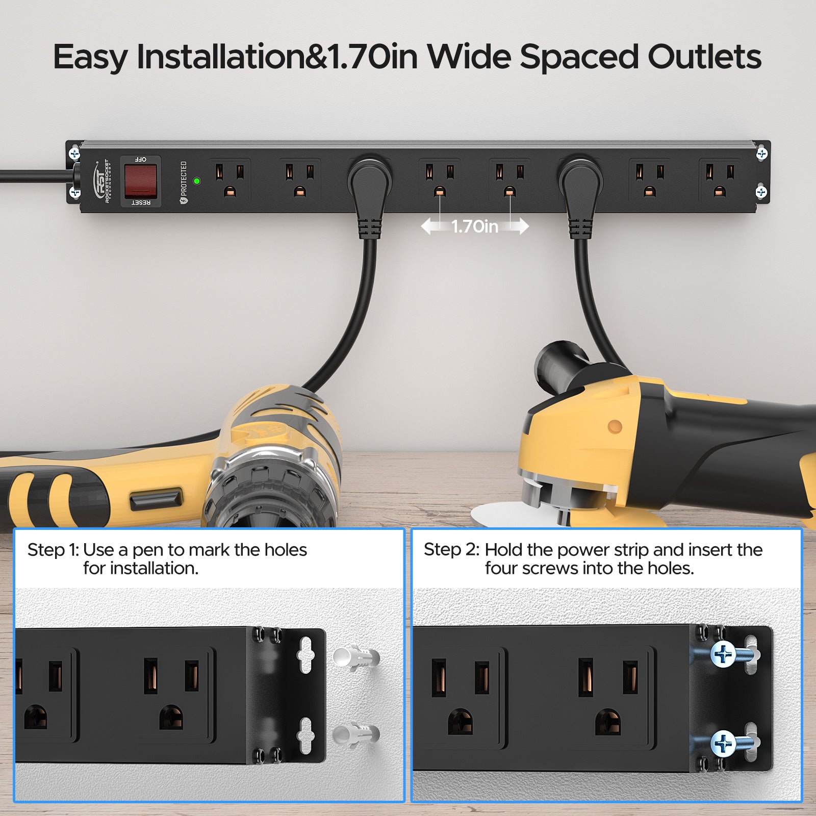 CRST 8 Outlets Wide Spaced Mountable Metal Power Strip Surge Protector 6FT Flat Plug with 2100 Joules Protection and 15Amp Circuit Breaker Included