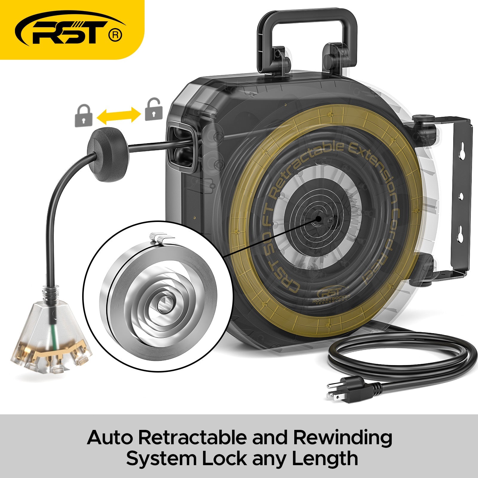 CRST 14AWG 50FT Retractable Extension Cord Reel with Handle 180° Swivel Bracket Automatic Retraction UL Listed 36 Months Warranty
