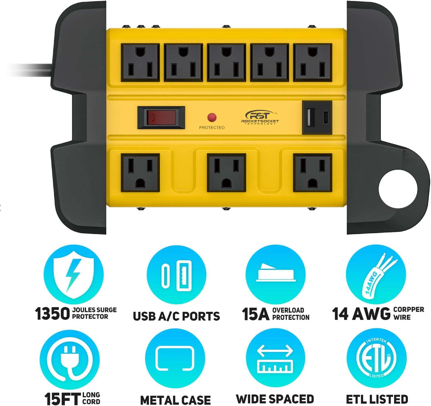 CRST Heavy Duty Surge Protector Power Strip with USB-C Port 8-Outlet Wider Spaced Mountable Metal Power Bar with Long Extension Cord 15A Circuit Breaker 1350 Joules Protection