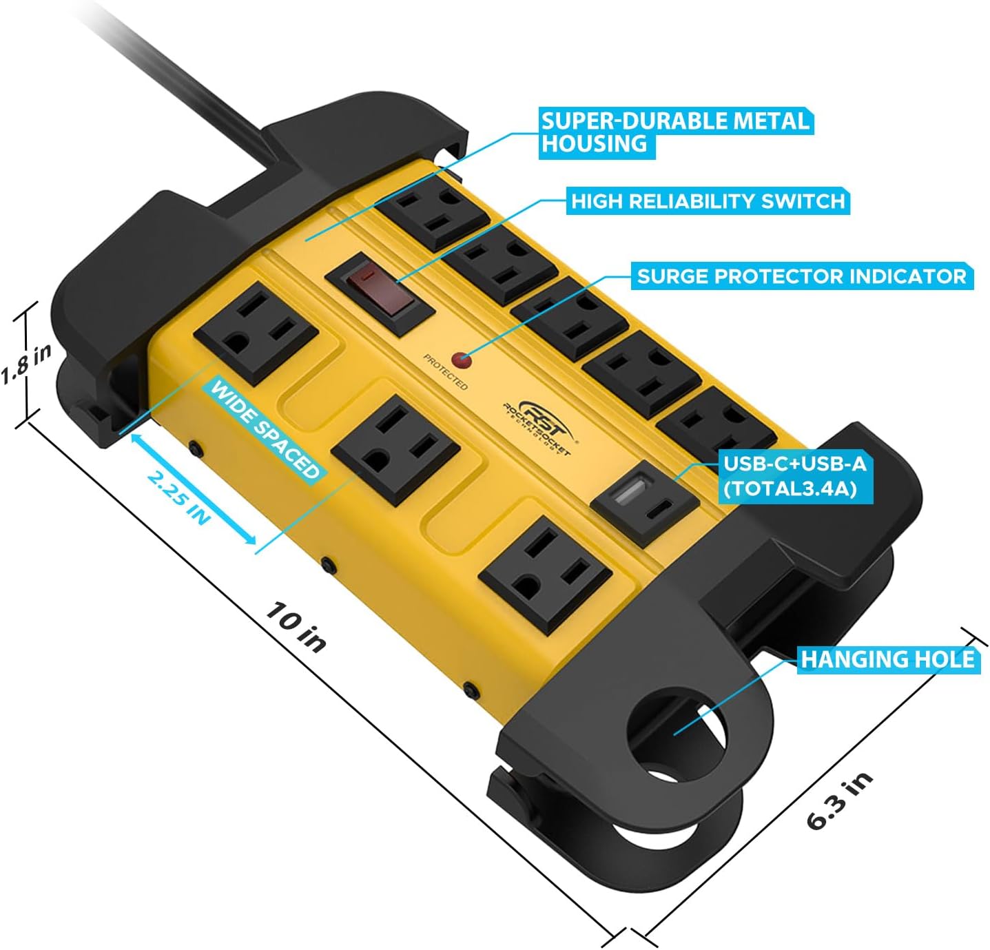 CRST Heavy Duty Surge Protector Power Strip with USB-C Port 8-Outlet Wider Spaced Mountable Metal Power Bar with Long Extension Cord 15A Circuit Breaker 1350 Joules Protection