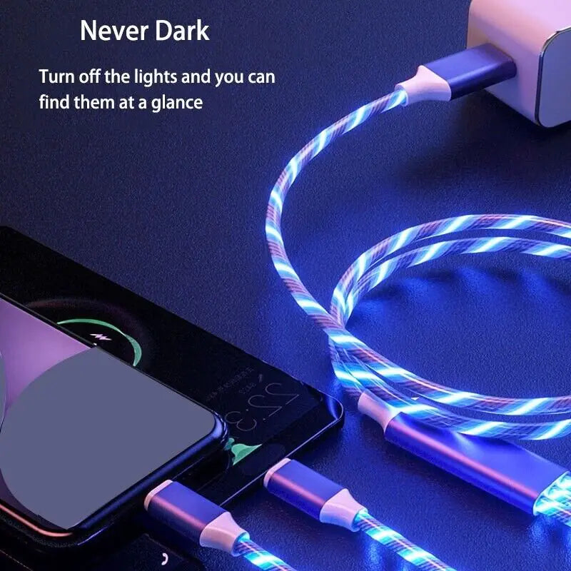 3 in 1 LED Fast Charging Cable Adapter For iPhone Micro USB Type C Charger Cord