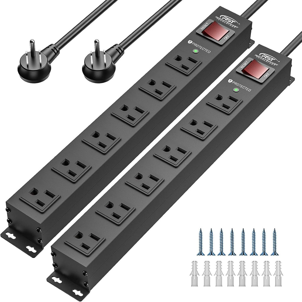 CRST 2PK Wider Spaced 6 Outlet Metal Surge Protector Power Strip 2100J 15A 1875W Heavy Duty Mountable Power Bar 6FT Flat Plug Extension Cord