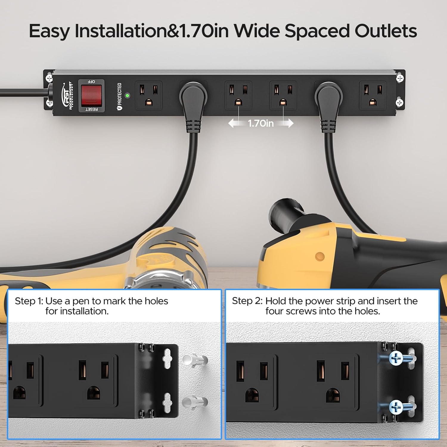 CRST 2PK Wider Spaced 6 Outlet Metal Surge Protector Power Strip 2100J 15A 1875W Heavy Duty Mountable Power Bar 6FT Flat Plug Extension Cord