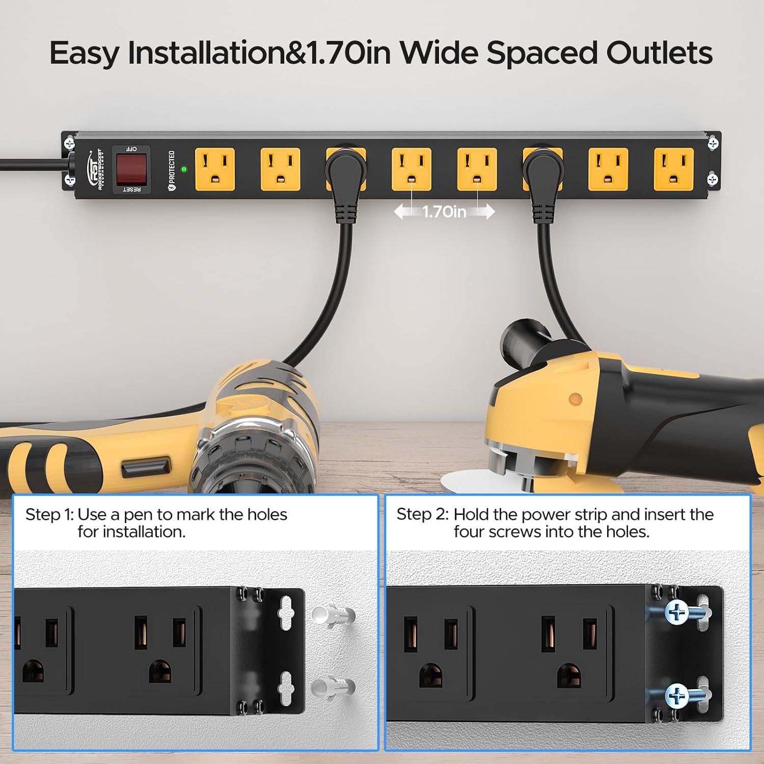 CRST 2 Pack 8 Outlet Metal Heavy Duty Power Strip  2100J Surge Protector 15A 1875W Mountable Wide Spaced Power Bar 6FT Flat Plug Extension Cord