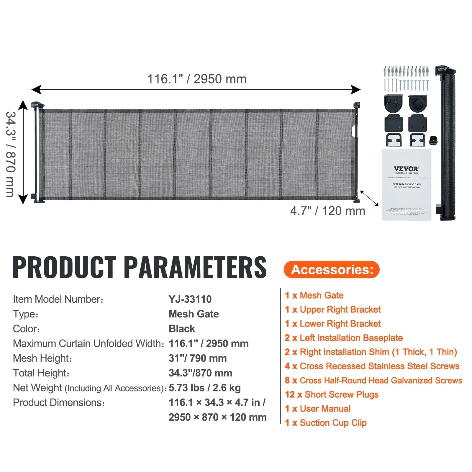 VEVOR Retractable Baby Gate Tall Mesh Baby Gate Extends up to  Wide Retractable Gate for Kids or Pets Retractable Dog Gates