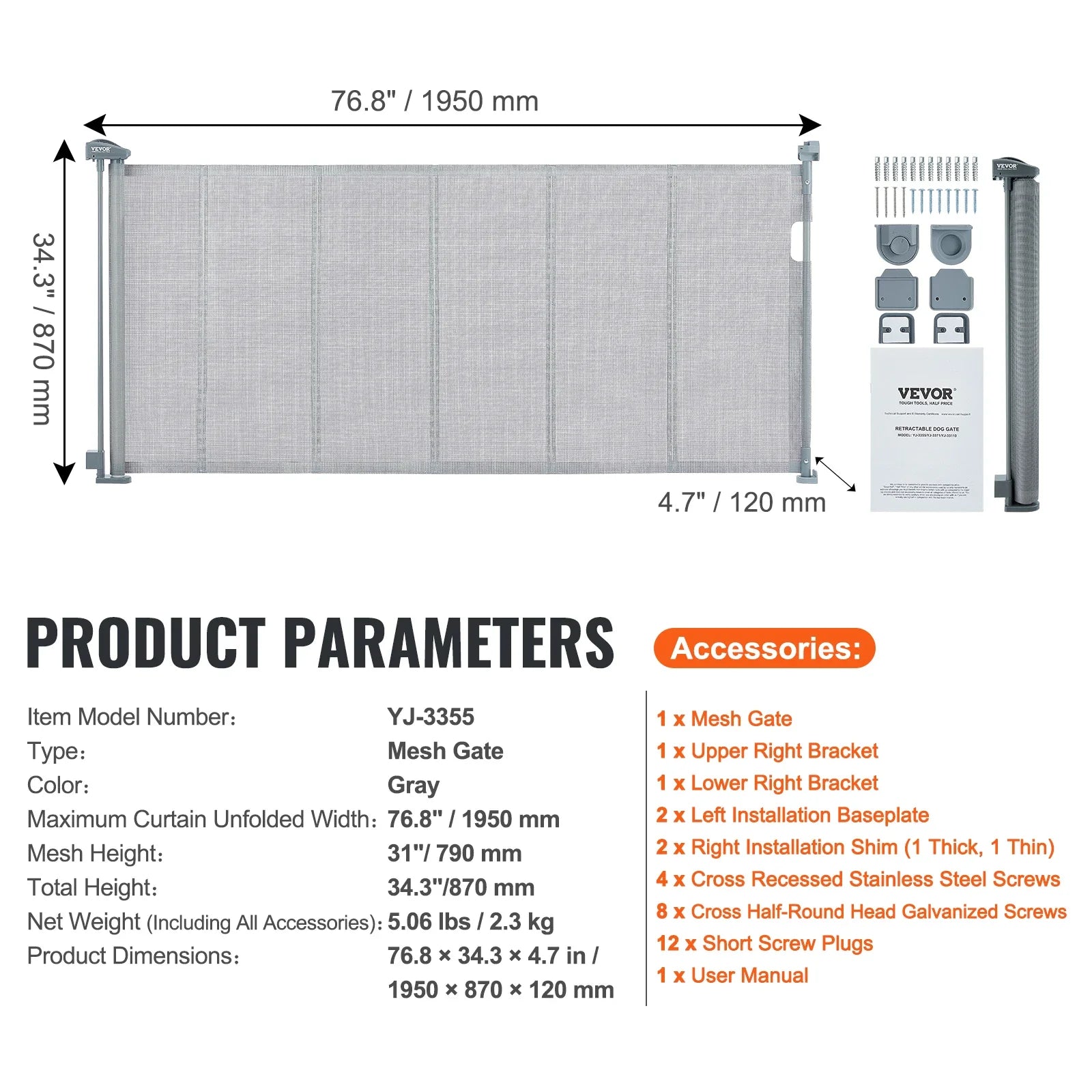 VEVOR Retractable Baby Gate Tall Mesh Baby Gate Extends up to  Wide Retractable Gate for Kids or Pets Retractable Dog Gates