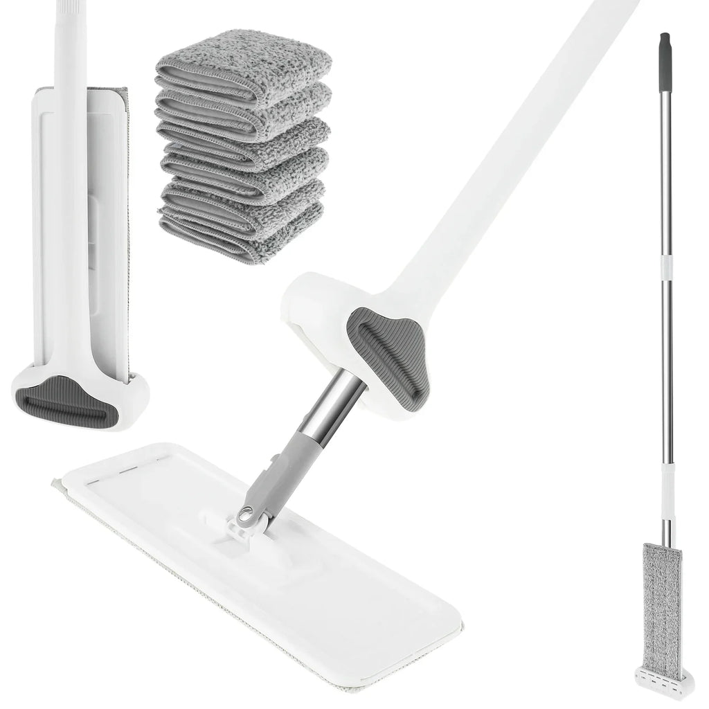 Microfiber Flat Mop 360 ° Rotating Flat Floor Mop Self Wringing Dust Mop with Dewatering Scraper for Kitchen Home Cleaning Mop