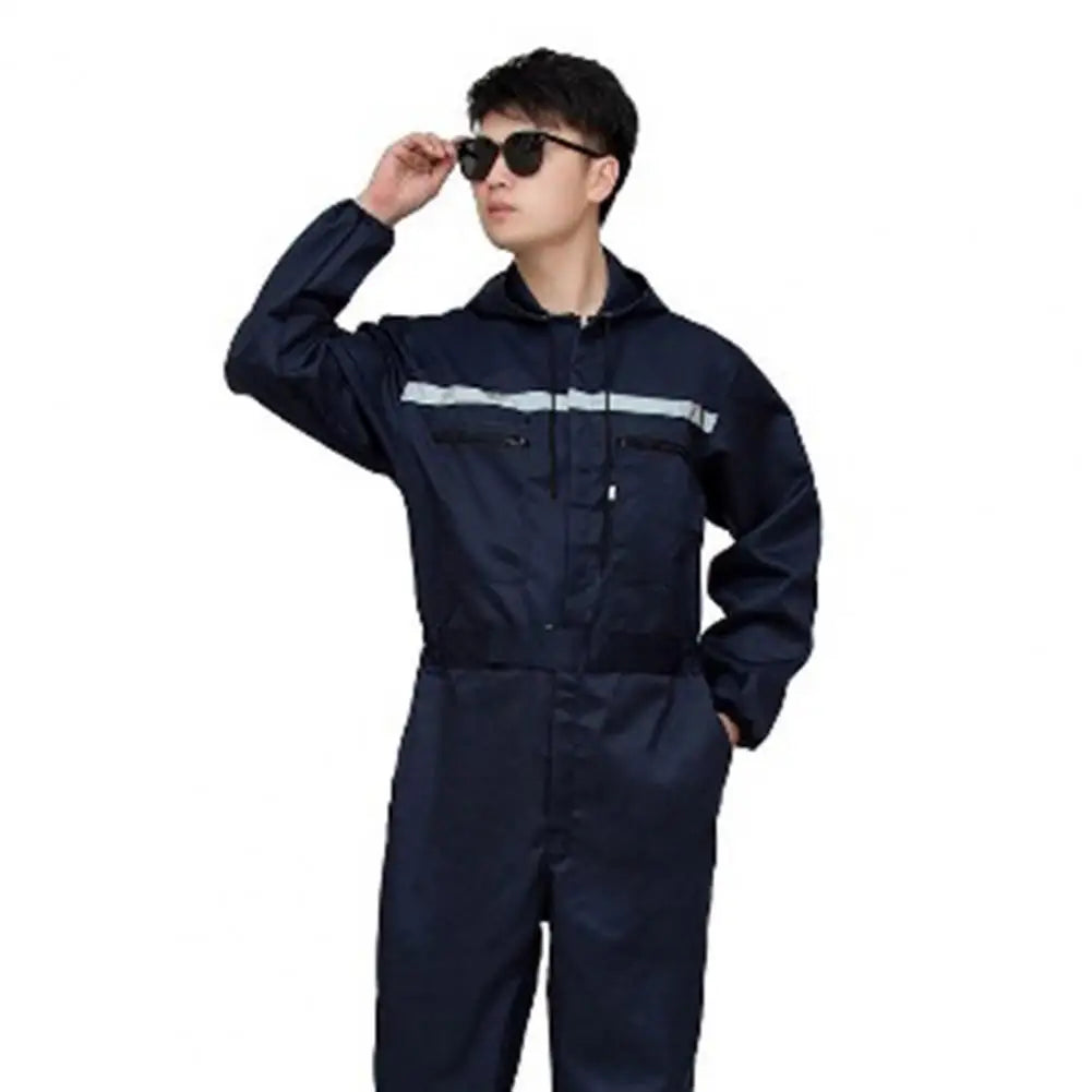 Work Overalls Hooded Drawstring Reflective Zipper Pockets Loose Safety Worker Coveralls Mechcanic Jumpsuit Auto Working Uniform
