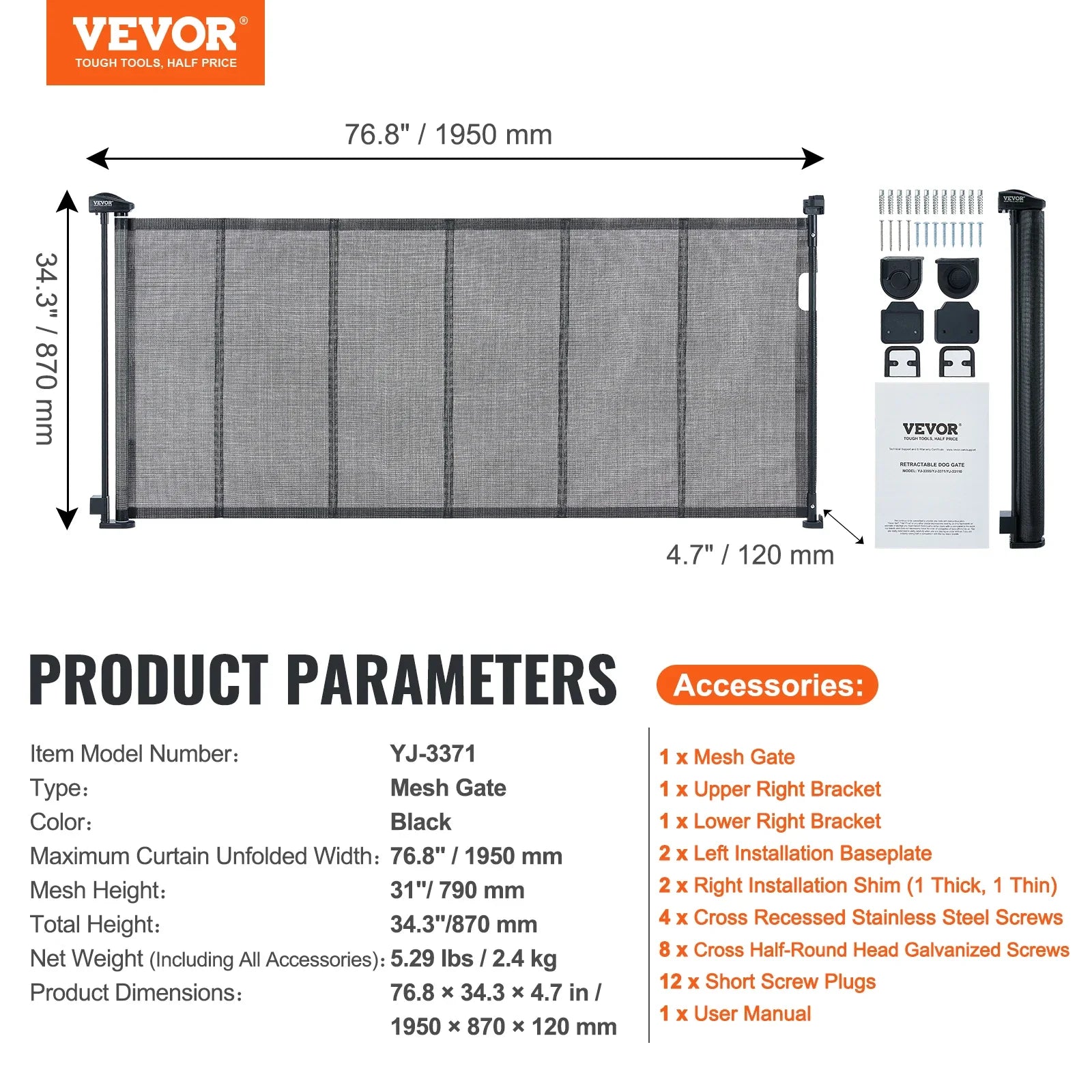 VEVOR Retractable Baby Gate Tall Mesh Baby Gate Extends up to  Wide Retractable Gate for Kids or Pets Retractable Dog Gates