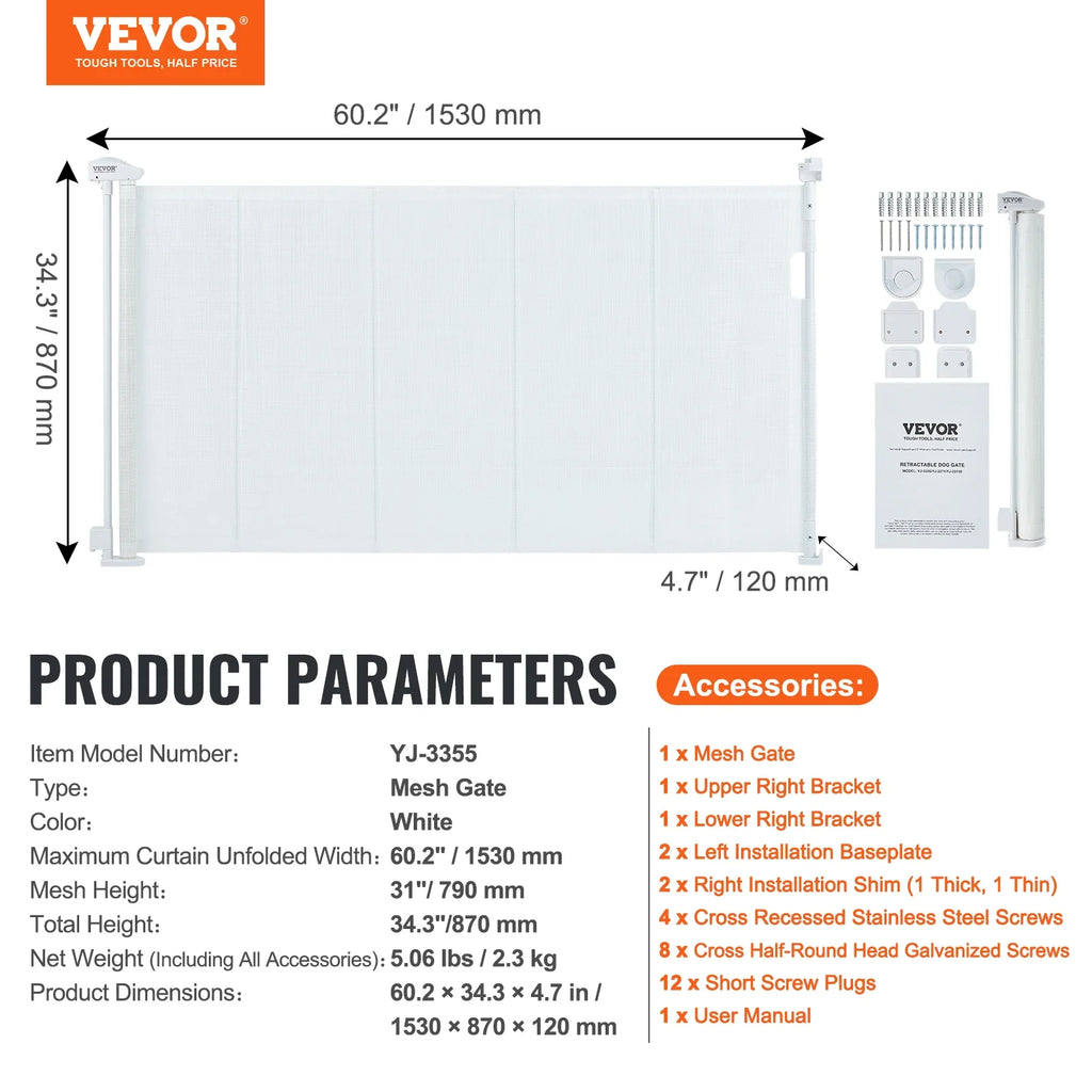 VEVOR Retractable Baby Gate Tall Mesh Baby Gate Extends up to  Wide Retractable Gate for Kids or Pets Retractable Dog Gates