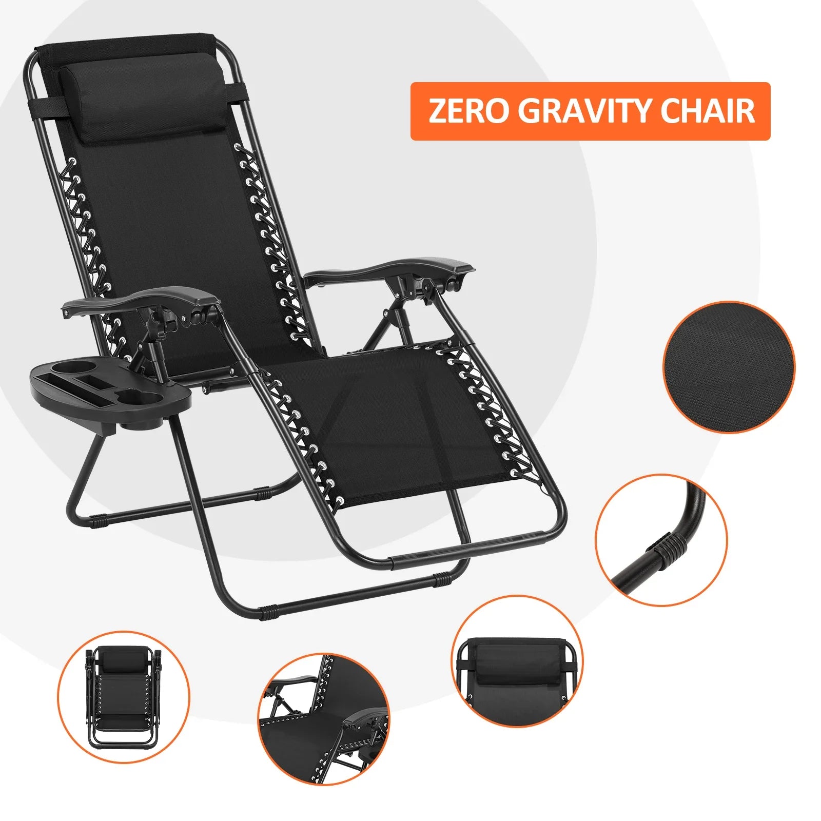 Zero Gravity Chair Patio Recliner Chair Folding Camping Chairs with Cup Holder Adjustable Headrest Reclining Lounge Chair