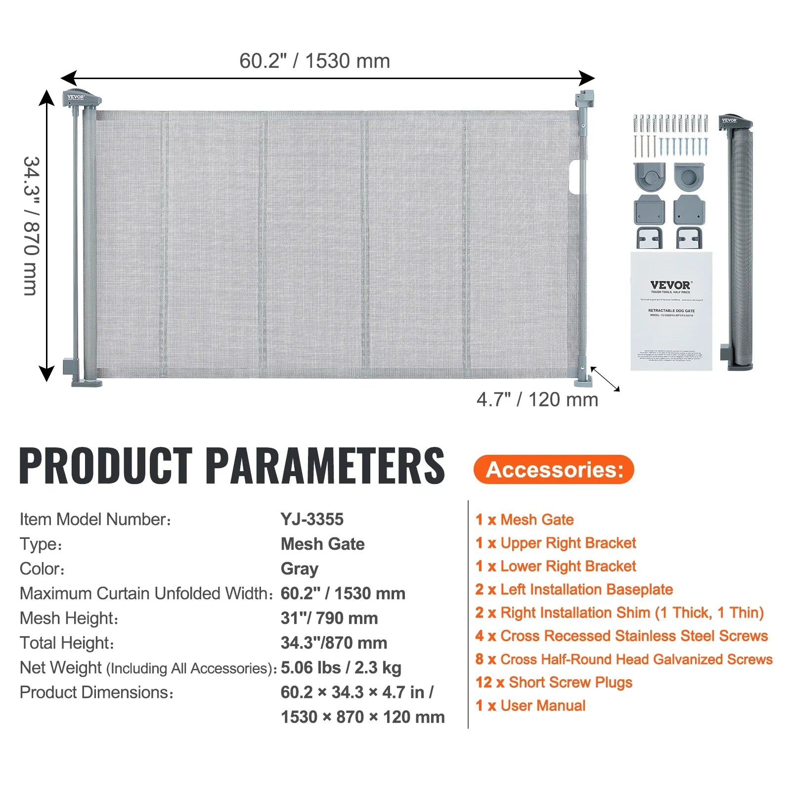 VEVOR Retractable Baby Gate Tall Mesh Baby Gate Extends up to  Wide Retractable Gate for Kids or Pets Retractable Dog Gates