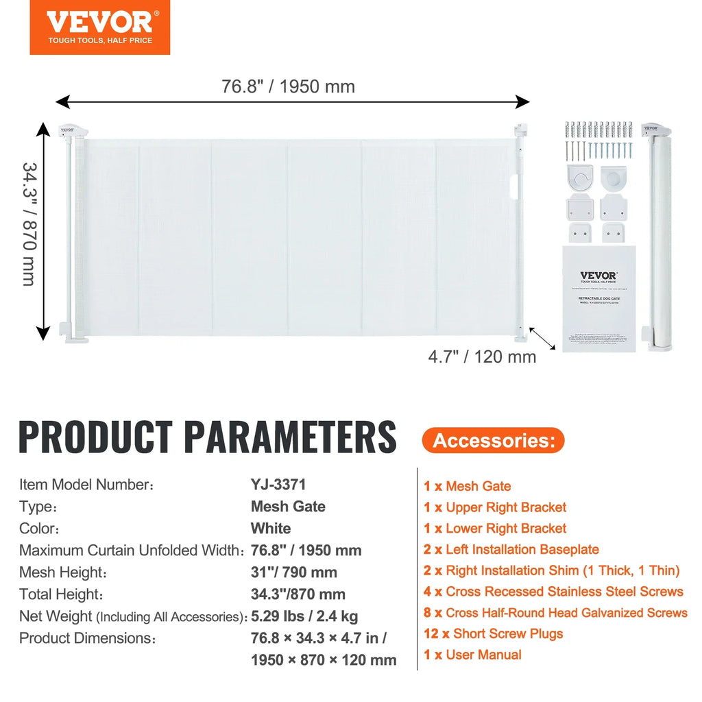 VEVOR Retractable Baby Gate Tall Mesh Baby Gate Extends up to  Wide Retractable Gate for Kids or Pets Retractable Dog Gates