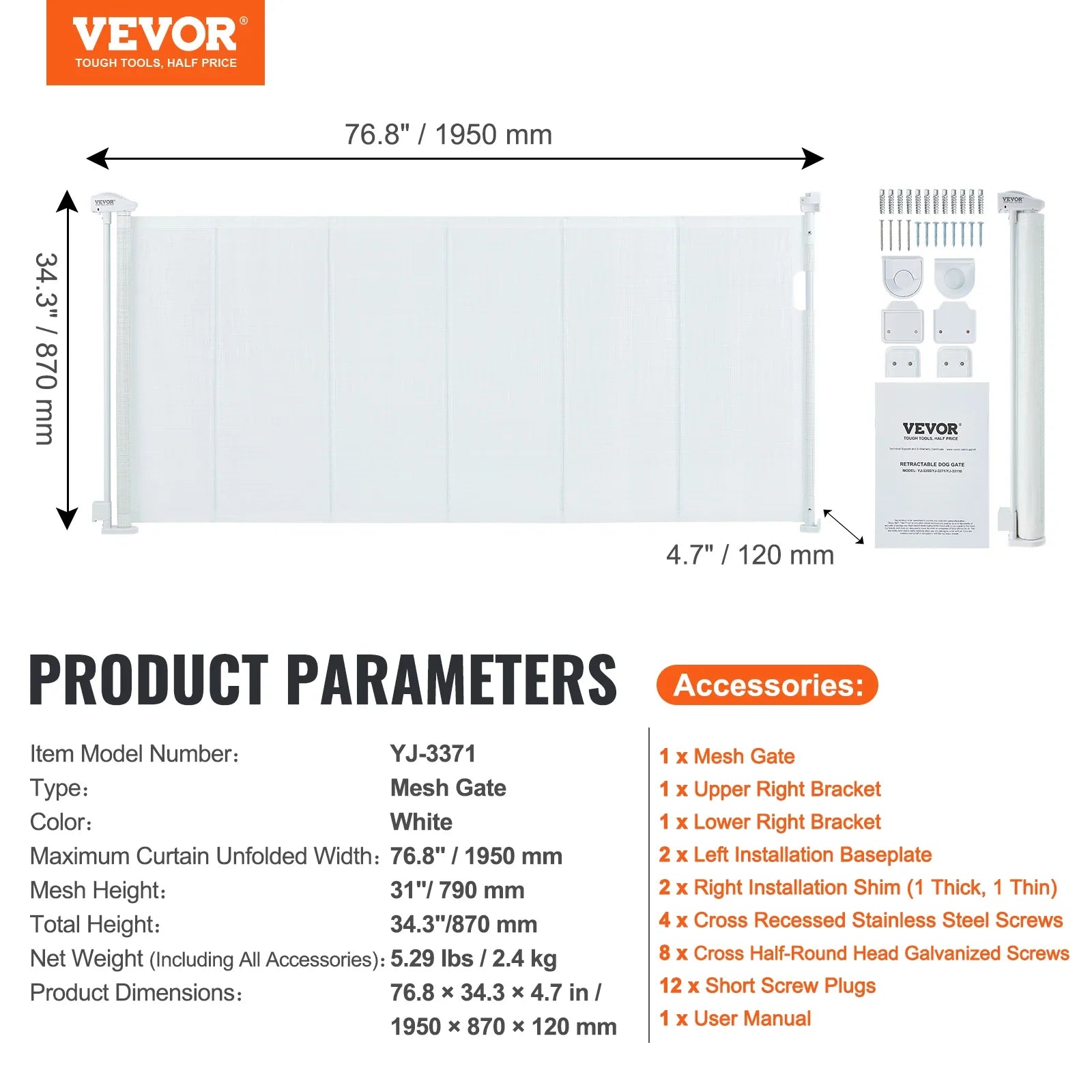VEVOR Retractable Baby Gate Tall Mesh Baby Gate Extends up to  Wide Retractable Gate for Kids or Pets Retractable Dog Gates
