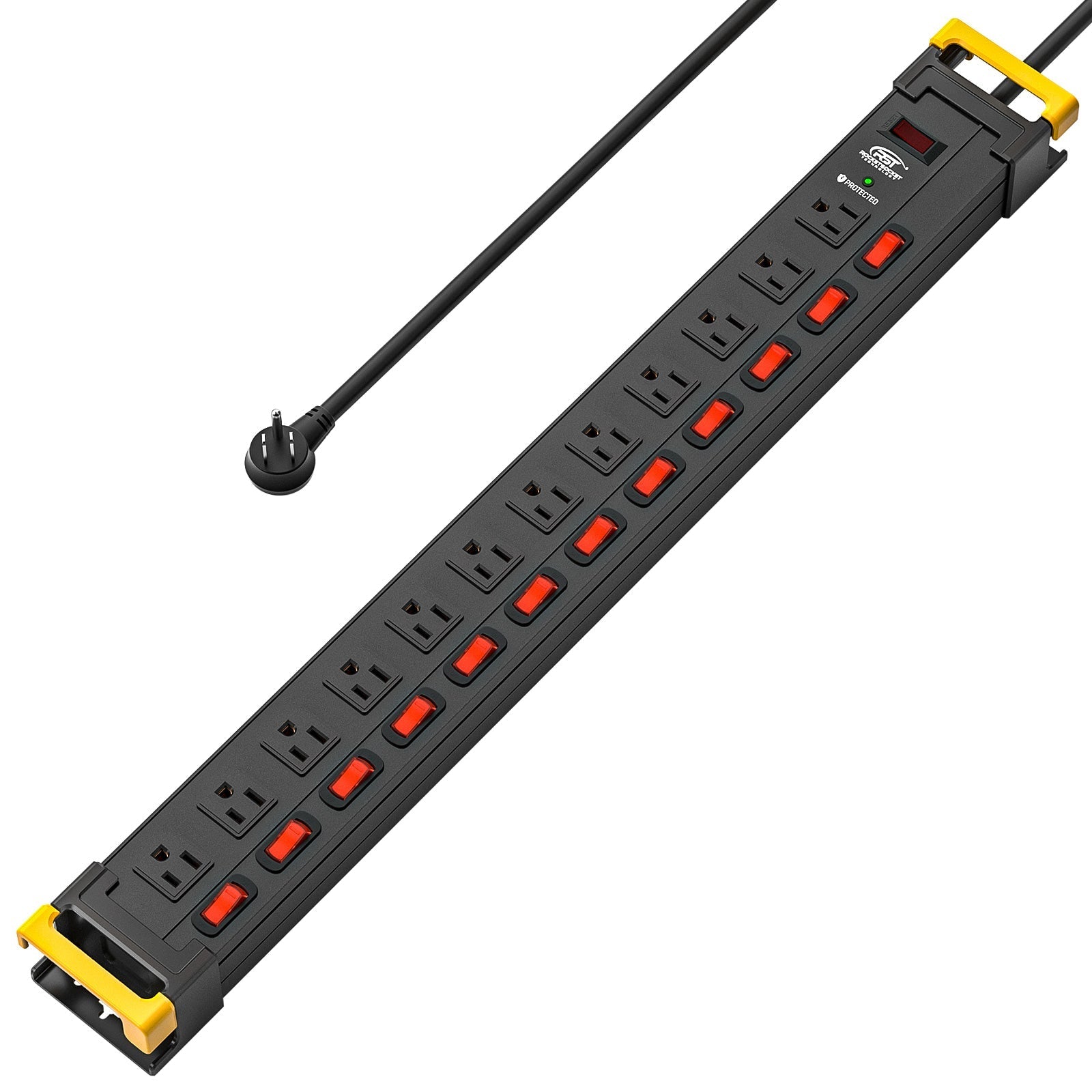 CRST 12 Outlets Individual Switches Metal Power Strip Surge Protector with Cord Holder, 9FT Flat Plug Power Cord  3years warranty