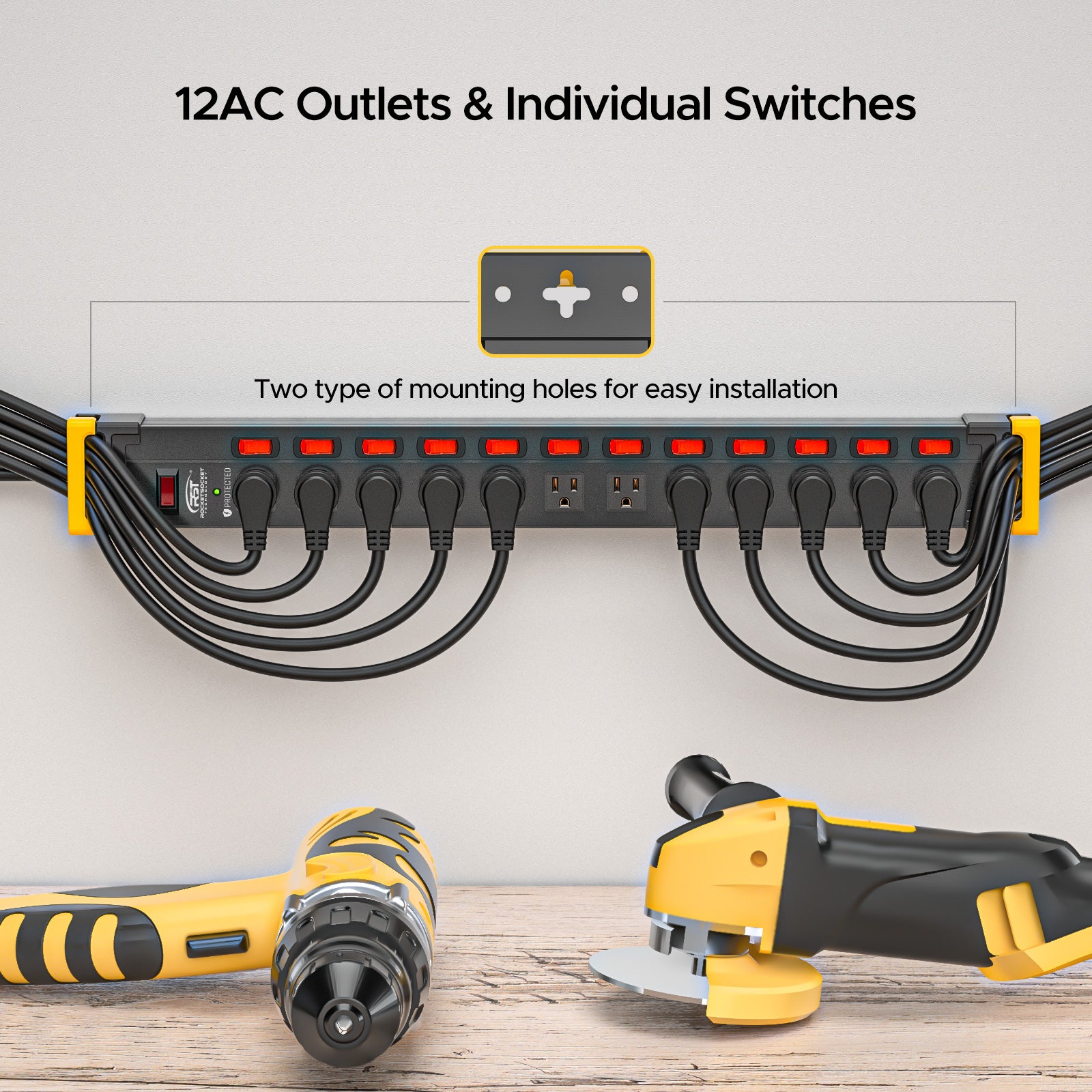 CRST 12 Outlets Individual Switches Metal Power Strip Surge Protector with Cord Holder, 9FT Flat Plug Power Cord  3years warranty
