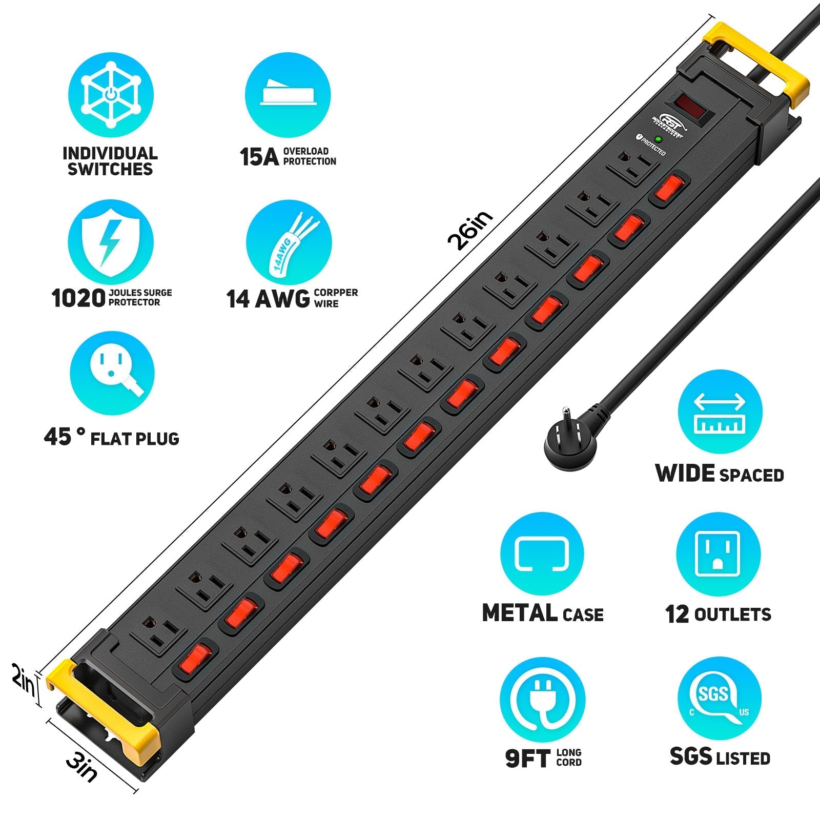 CRST 12 Outlets Individual Switches Metal Power Strip Surge Protector with Cord Holder, 9FT Flat Plug Power Cord  3years warranty