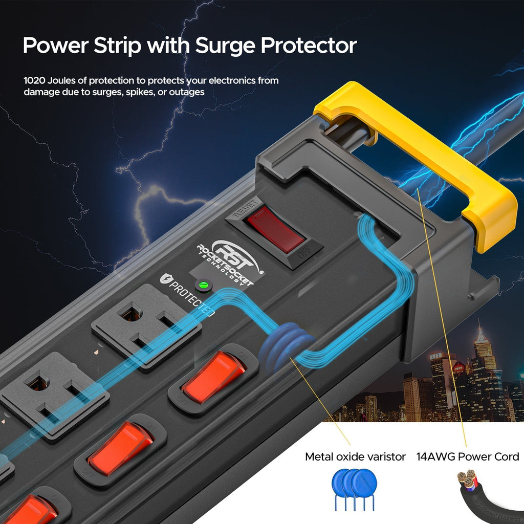 CRST 12 Outlets Individual Switches Metal Power Strip Surge Protector with Cord Holder, 9FT Flat Plug Power Cord  3years warranty