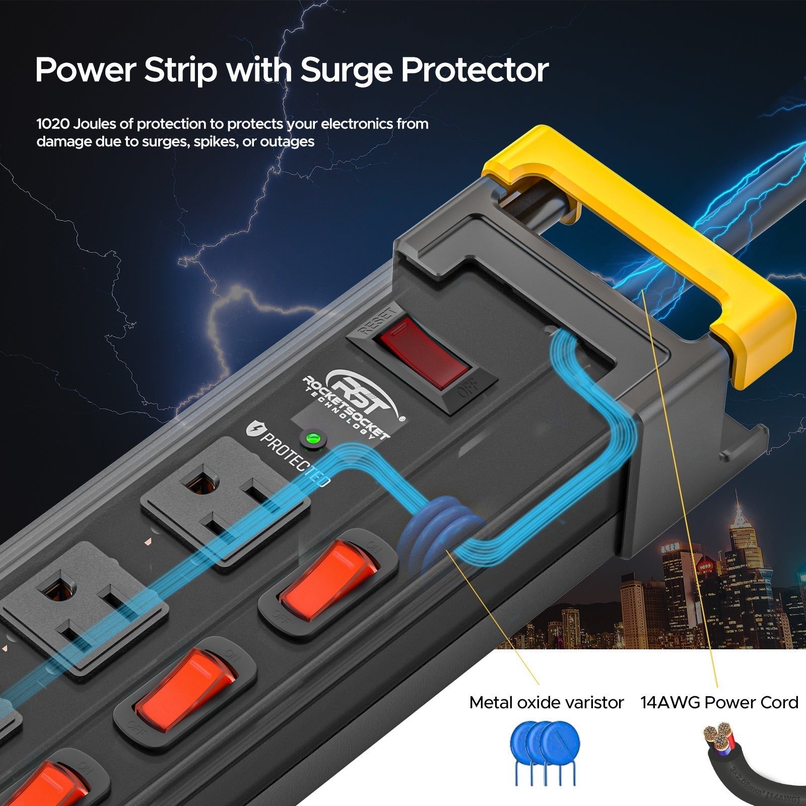 CRST 12 Outlets Individual Switches Metal Power Strip Surge Protector with Cord Holder, 9FT Flat Plug Power Cord  3years warranty
