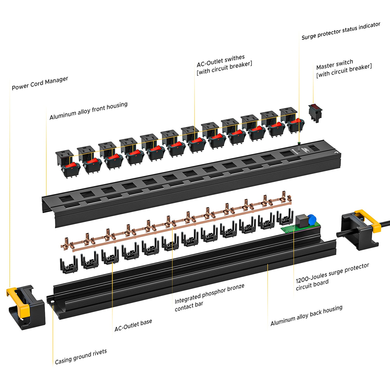 CRST 12 Outlets Individual Switches Metal Power Strip Surge Protector with Cord Holder, 9FT Flat Plug Power Cord  3years warranty