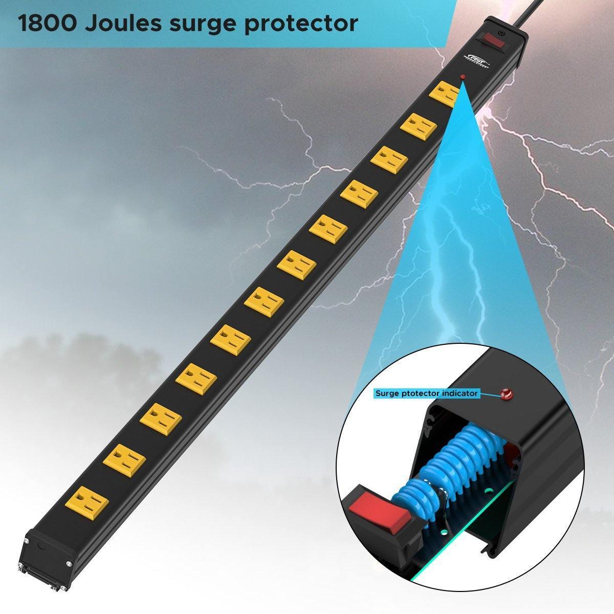 CRST Wideoutlets 2.6" Wide Spaced 12 Outlets Mountable Metal Power Strip Surge Protector with 1800 Joule Protection & EMI Filter Heavy Duty Construction 15A Circuit Breaker Included
