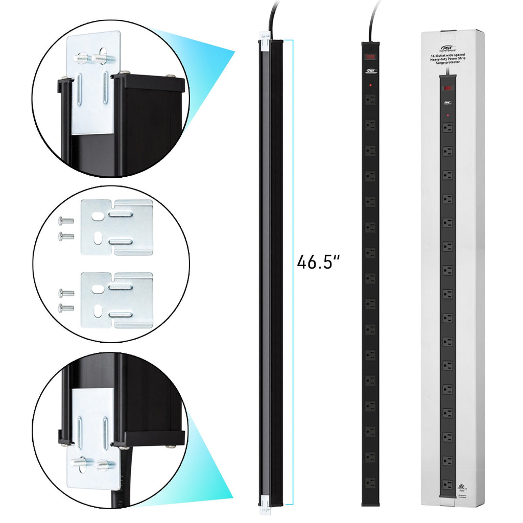 CRST 2.6" Wide Space 16 Outlets Mountable Metal Power Strip Surge Protector, Optional 15FT/6FT Power Cord, Mounting Brackets Included
