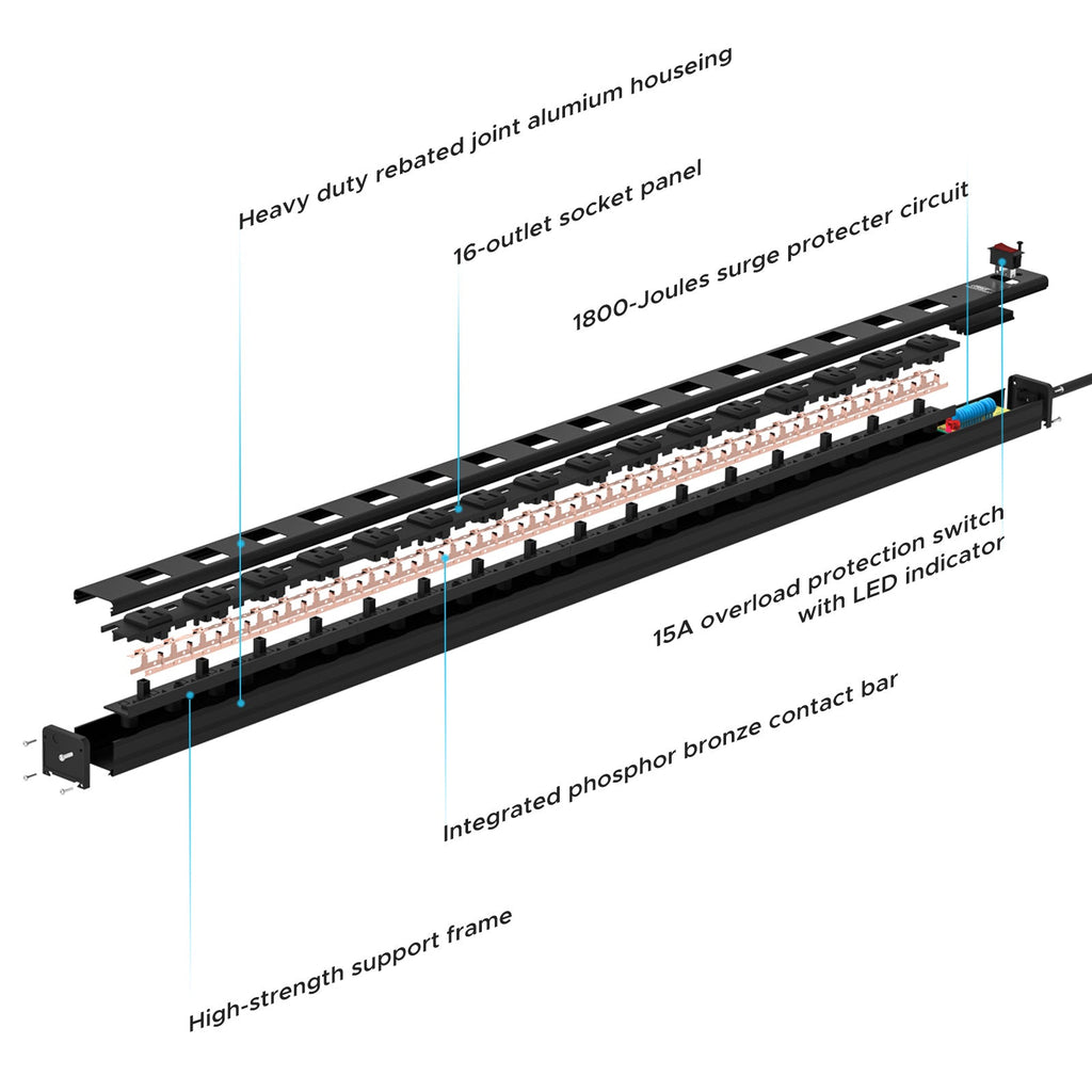 CRST 2.6" Wide Space 16 Outlets Mountable Metal Power Strip Surge Protector, Optional 15FT/6FT Power Cord, Mounting Brackets Included