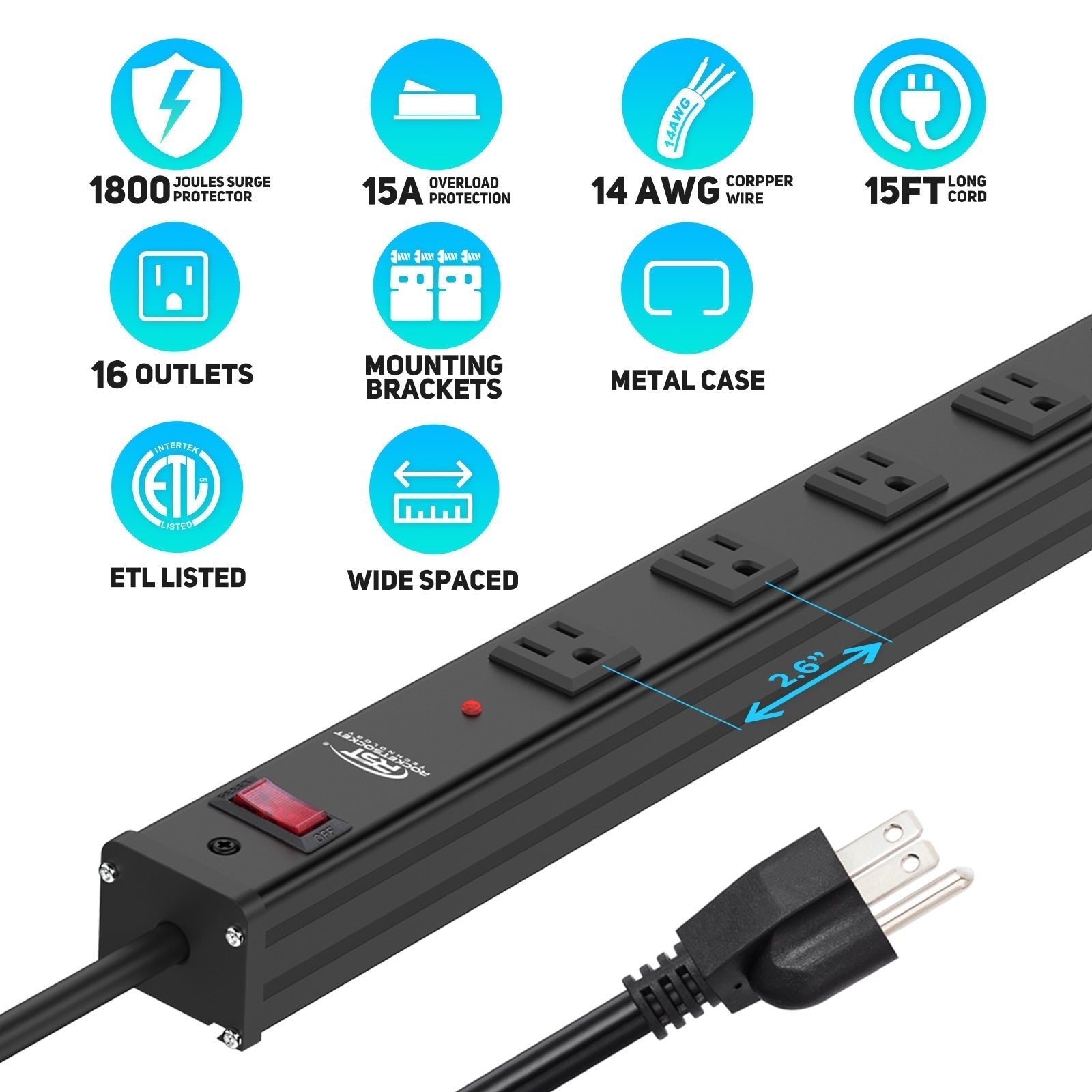CRST 2.6" Wide Space 16 Outlets Mountable Metal Power Strip Surge Protector, Optional 15FT/6FT Power Cord, Mounting Brackets Included