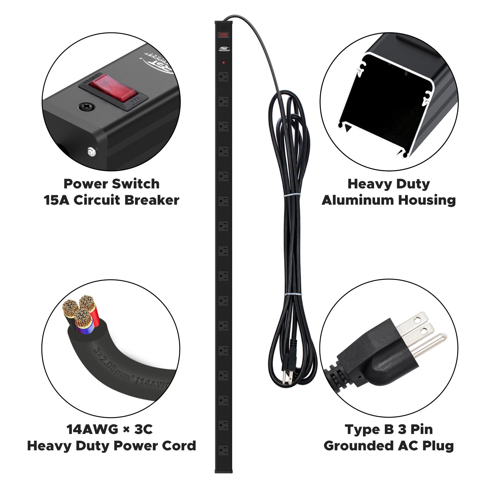 CRST 2.6" Wide Space 16 Outlets Mountable Metal Power Strip Surge Protector, Optional 15FT/6FT Power Cord, Mounting Brackets Included