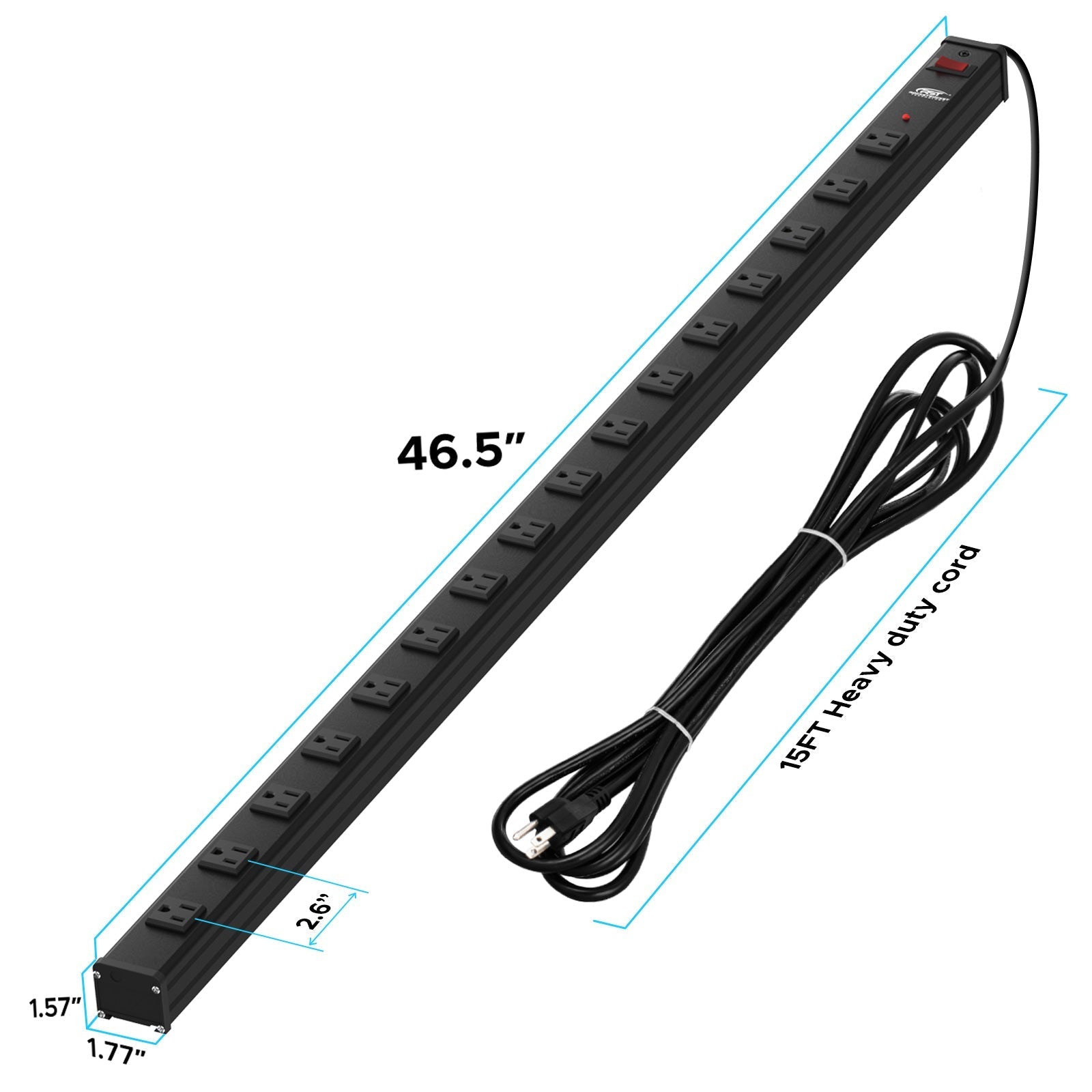 CRST 2.6" Wide Space 16 Outlets Mountable Metal Power Strip Surge Protector, Optional 15FT/6FT Power Cord, Mounting Brackets Included